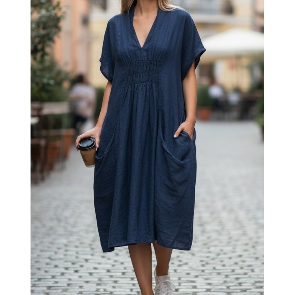 Luna Luz Navy Blue 100% Linen Smocked V-Neck Midi Pocket Dress Small Lagenlook